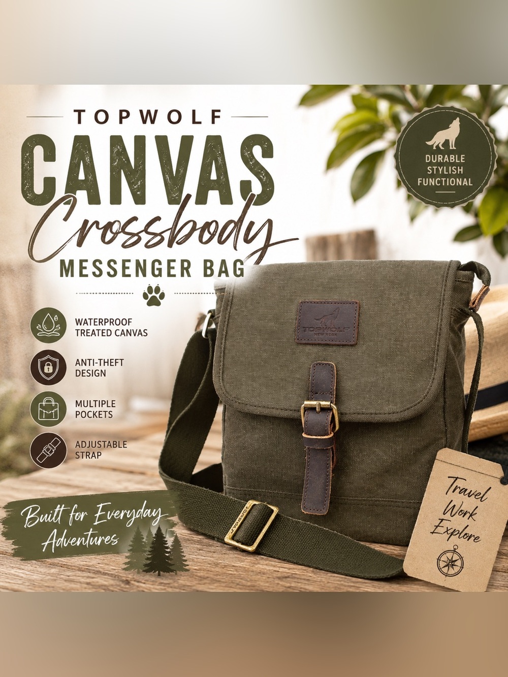 TOPWOLF Canvas Crossbody Messenger Bag Olive Green Waterproof Casual Bag NWT